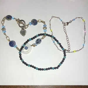 3 Ankle Bracelets 8-10” Silver Tone Hematite Beaded Boho